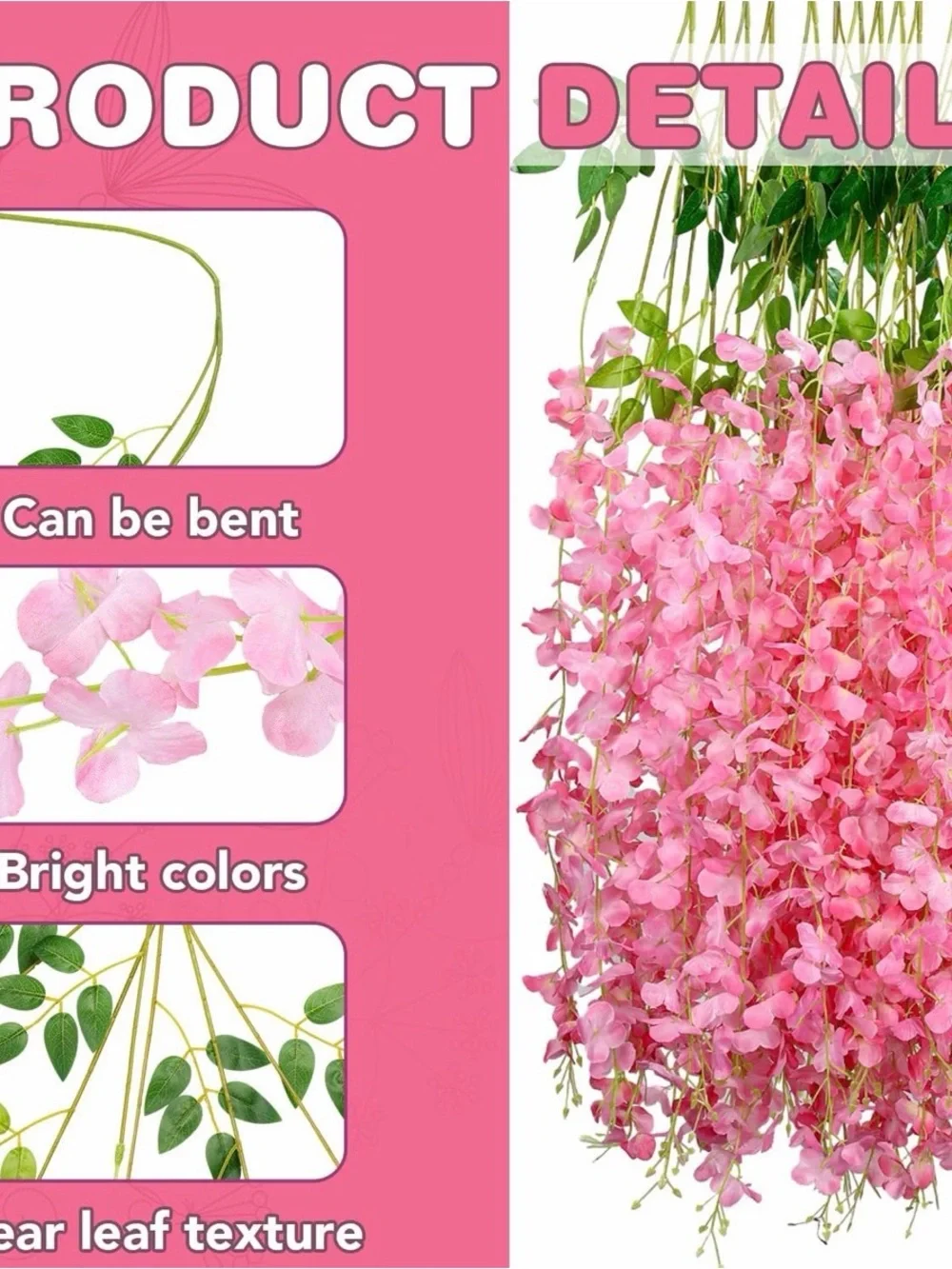 Alotiki Pink Artificial Wisteria Hanging Flowers 48-Pack Decor